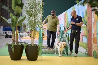El concejal del Ayuntamiento de Logroño, Kilian Cruz-Dunne, con antifaz guiado por un perro guía en una escalera.jpg