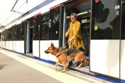 Una usuaria se baja de un tren con su perro guía